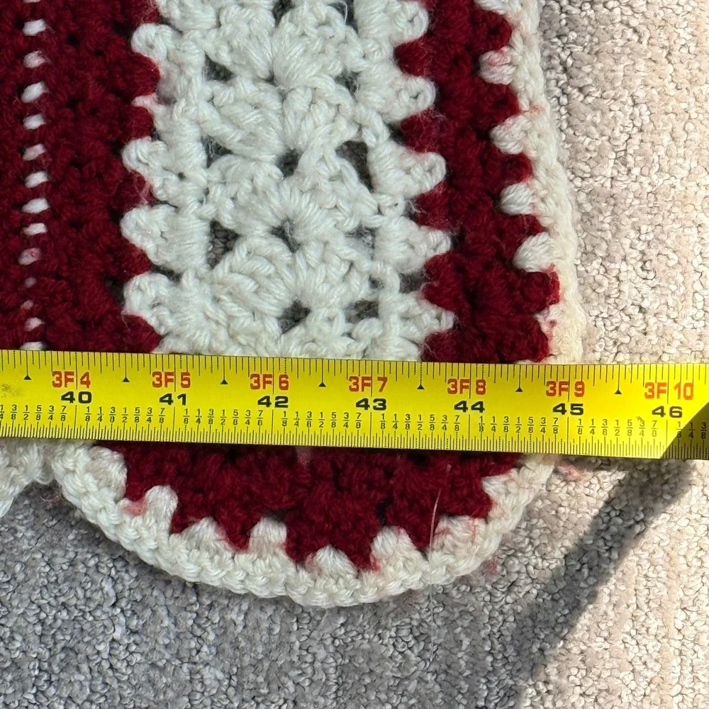 Handmade Unisex Vintage Crochet Afghan Striped Scalloped 45x64‎ Red Cream Knit